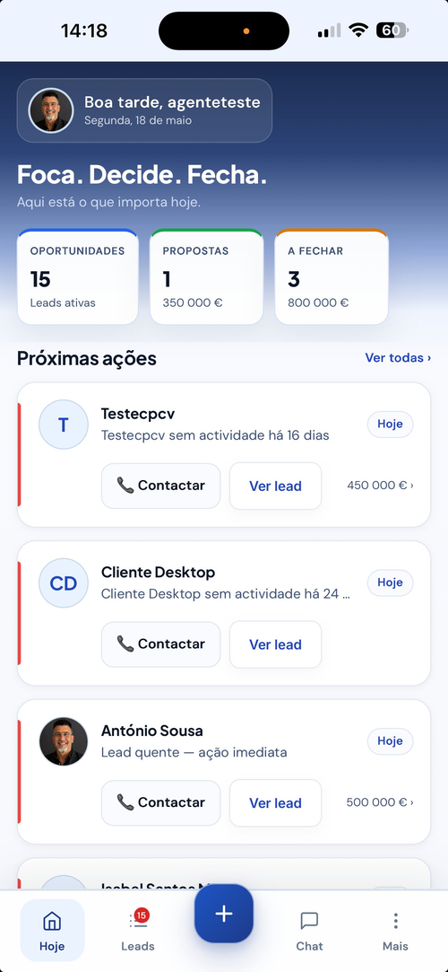 BuyerOS mobile — dashboard com próximas acções e contacto rápido