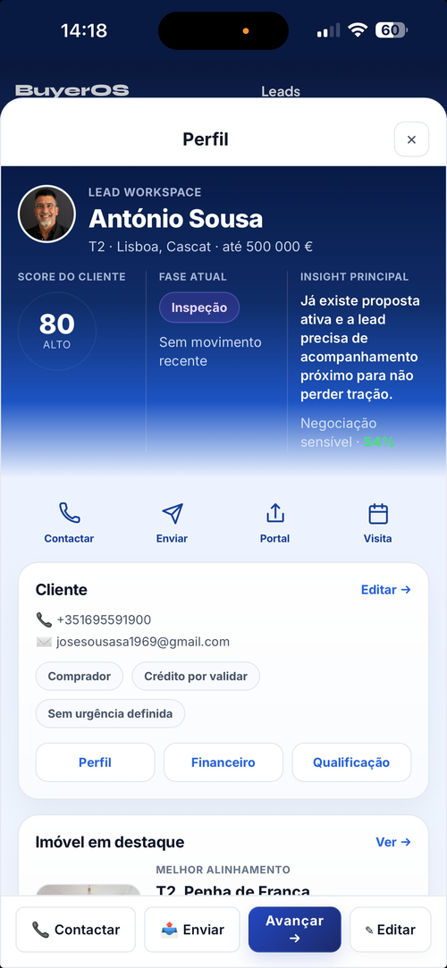 BuyerOS mobile — perfil de lead com score, insights e acções