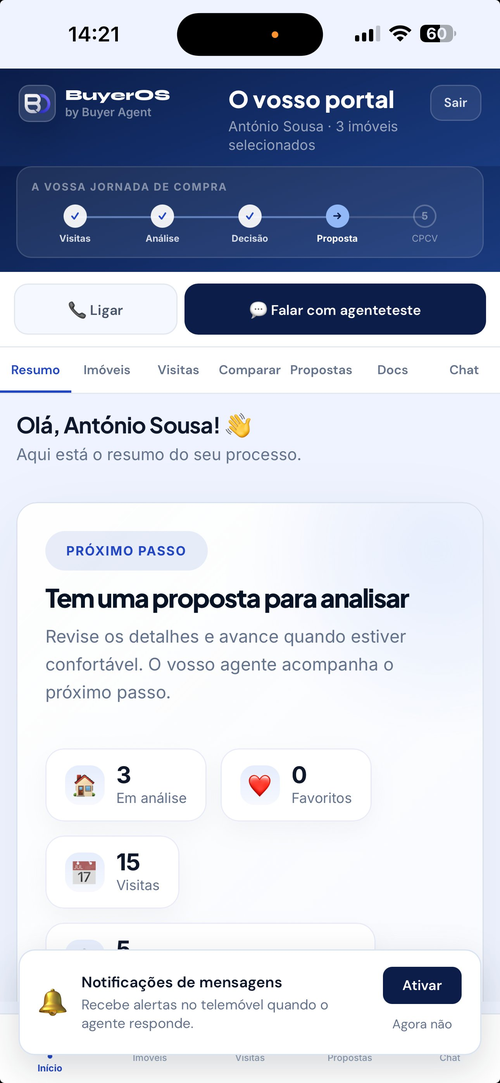 Portal BuyerOS — resumo do processo de compra no telemóvel