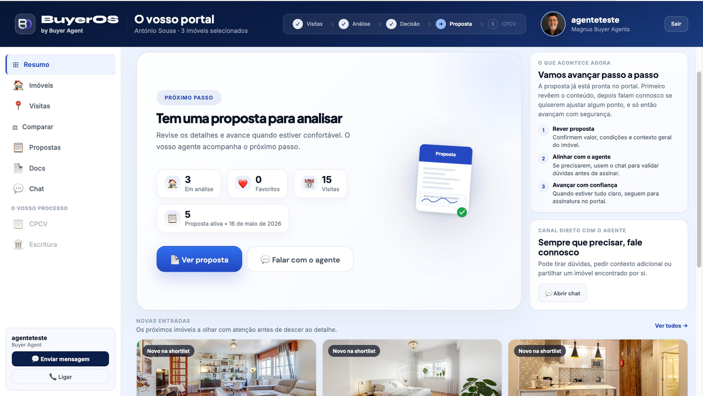 Portal BuyerOS desktop — resumo com próximo passo, contexto e novas entradas